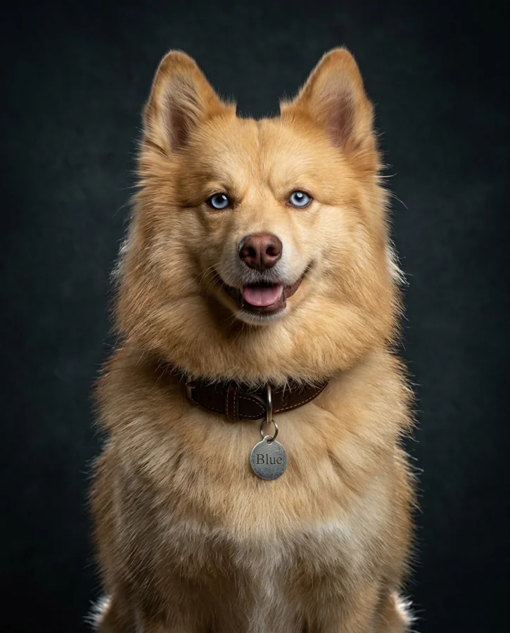 Blue sitting upright against a dark studio background